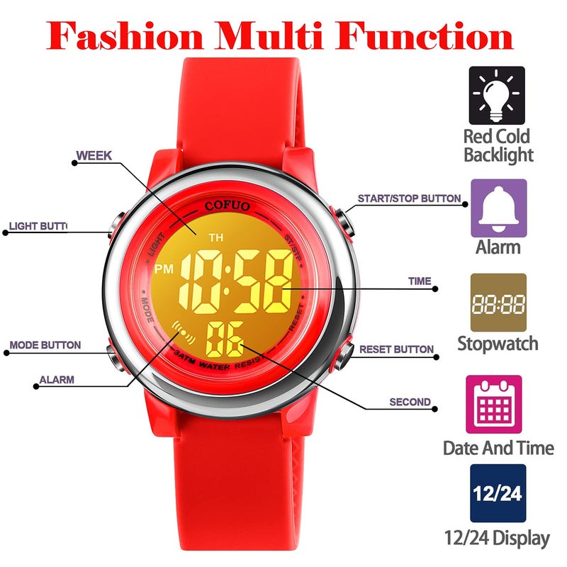 cofuo cofuo Kids Digital Sport Waterproof Watch for Girls Boys, Kid Sports Outdoor LED Electrical Watches with Luminous Alarm Stopwatch Child Wristwatch  - Image 3
