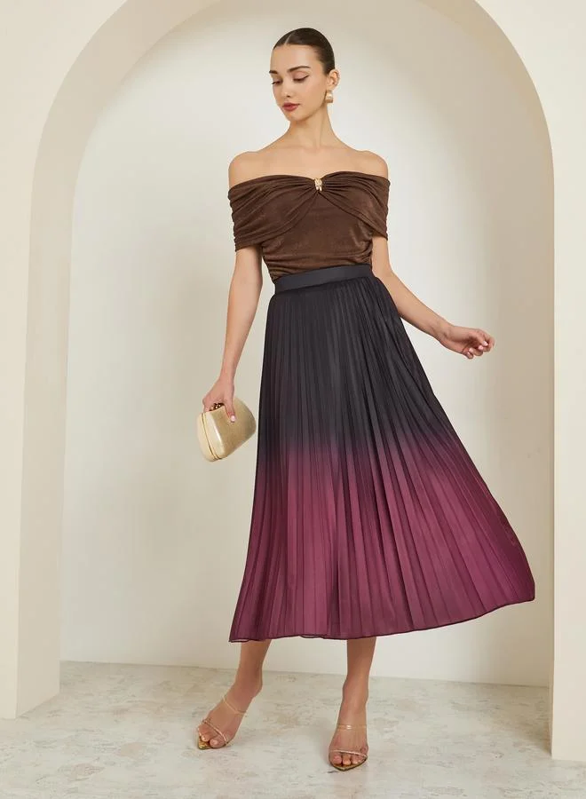 Burgundy Ombre Pleated A-Line Midi Skirt