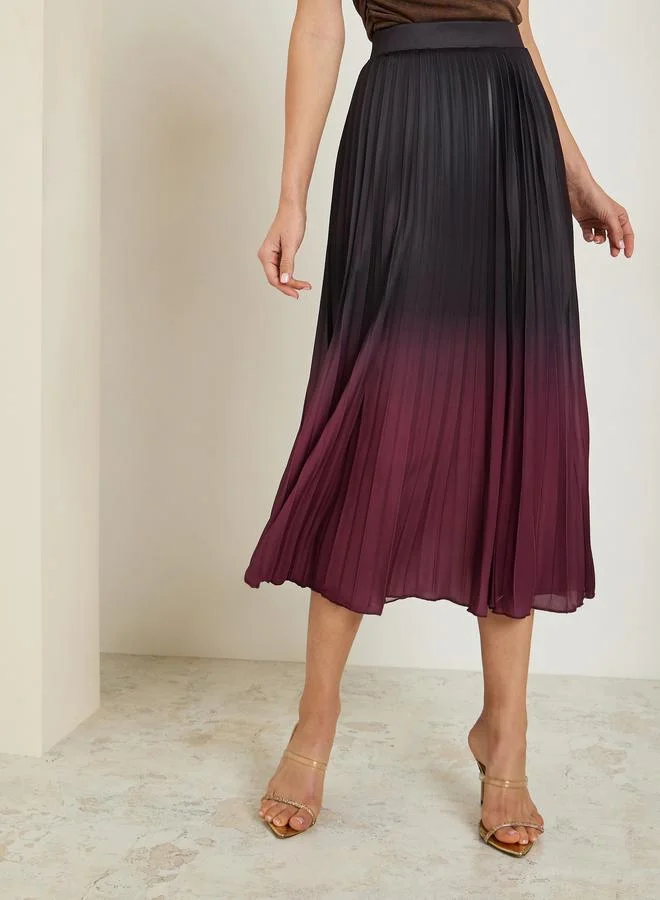 Styli Burgundy Ombre Pleated A-Line Midi Skirt