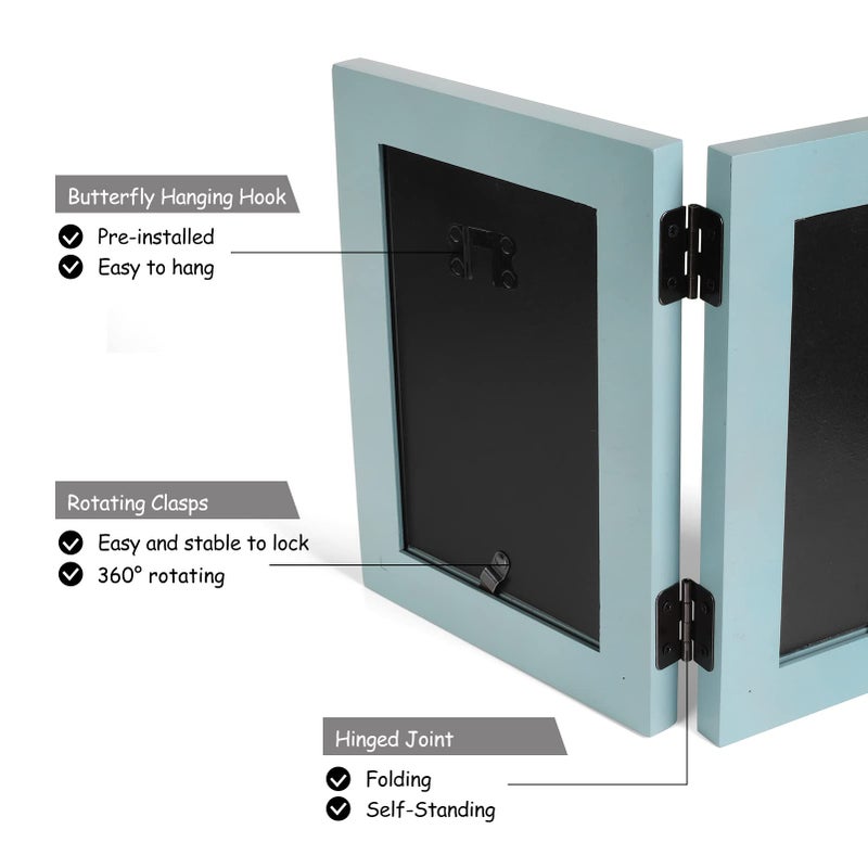 Tamolus 4x6 Double Hinged Picture Frame Folding Photo Frame Vertical and Horizontal in Teal Blue Pine Wood with Real Glass for Tabletop X2-LAN-SH46 - Image 5