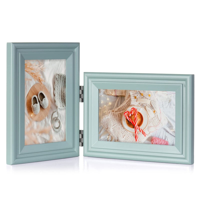 Tamolus 4x6 Double Hinged Picture Frame Folding Photo Frame Vertical and Horizontal in Teal Blue Pine Wood with Real Glass for Tabletop X2-LAN-SH46 - Image 1