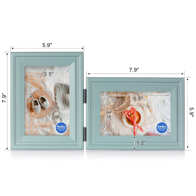 Tamolus 4x6 Double Hinged Picture Frame Folding Photo Frame Vertical and Horizontal in Teal Blue Pine Wood with Real Glass for Tabletop X2-LAN-SH46 - Image 2