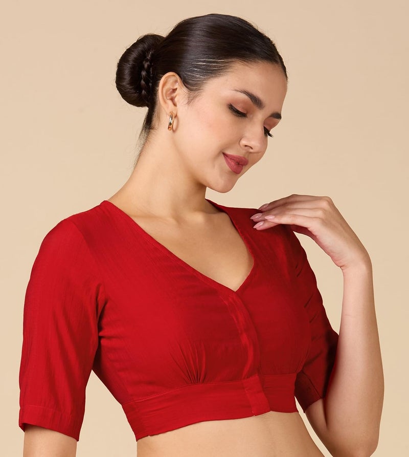 Studio Shringaar Women's Viscose Smart V Neck Readymade Saree Blouse (Red, 38) - Image 4