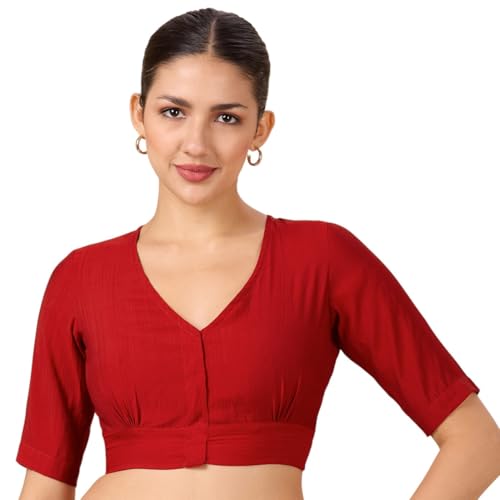 Studio Shringaar Women's Viscose Smart V Neck Readymade Saree Blouse (Red, 38) - Image 1