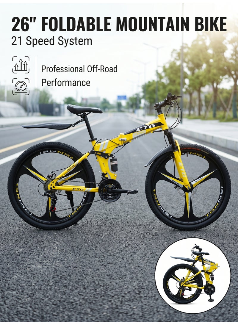ETG 26-Inch 21-Speed Foldable Mountain Bike – High Carbon Steel Frame, Dual Disc Brakes - Image 1