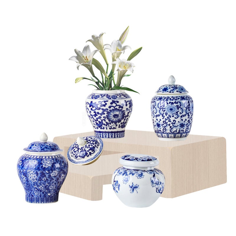 RMERVE Set of 4 Small Blue and White Vintage Vase Porcelain Ginger Jars Mini Chinoiserie Vase for Home Bedroom Table Accent Shelf Tabletop Decor - Image 1