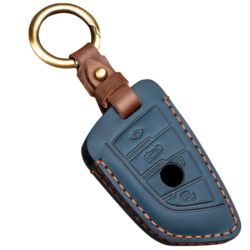 OLLEN Genuine Leather Car Key Cover Cases Fit for BMW 1 3 4 5 6 7 Series X3 X4 M5 M6 GT3 GT5 etc, A Style, Blue