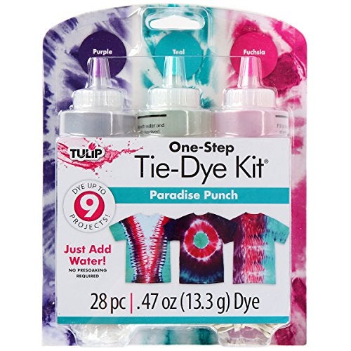 Tulip OneStep TieDye 3 Color Kit Easy Techniques Vibrant  Permanent Fabric Designs Tie Dye Paradise Punch Colors Purple Teal Fuchsia - Image 1