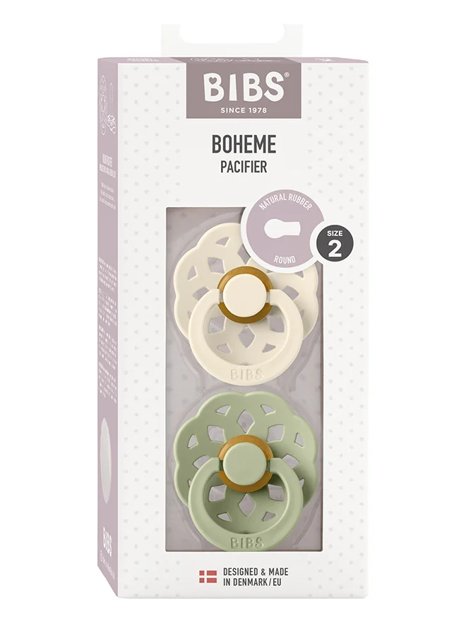 BIBS Baby Pacifier Boheme, Made with Natural Rubber Latex, Round Nipple, Mouth Skin Sensitive, Soft, Flexible, For Babies 6 Months and Above, BPA-free, Blossom/ Dusty Lilac Colour, Pack of 2, Size 2