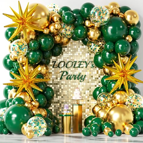 LOOLEY 137Pcs Green and Gold Balloons Garland Arch Kit with Stars - 5 10 12 18 inch Dark Green Gold Confetti Latex Balloons for Birthday Baby Shower Emerald Green Jungle Party Decorations - Image 1