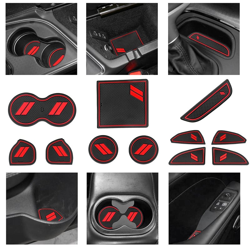 YANWEN Anti-Dust Trim Mats Fit for 2015-2020 Dodge Challenger, Custom Interior Shifter Liner for Cup Holder Insert, Door Pocket, Center Console(11pcs, Red)