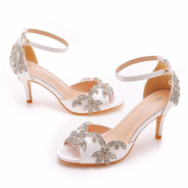 7Cm Peep Toe High Heel Sandals Shallow Mouth Buckle Large Size Round Toe High Heels Gold Rhinestone Stiletto Heel Sandals - Image 1