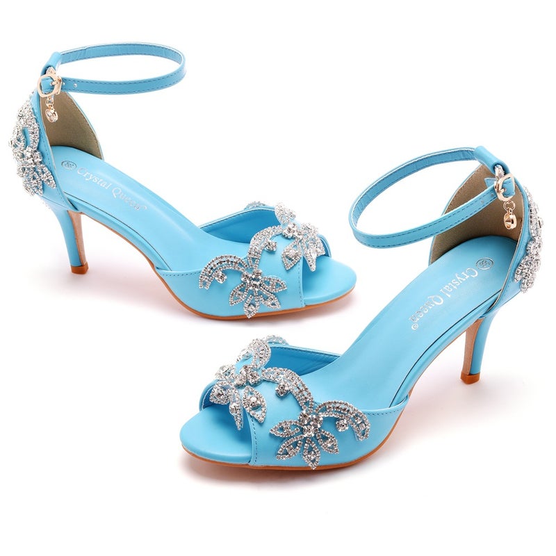 7Cm Peep Toe High Heel Sandals Shallow Mouth Buckle Large Size Round Toe High Heels Gold Rhinestone Stiletto Heel Sandals - Image 3