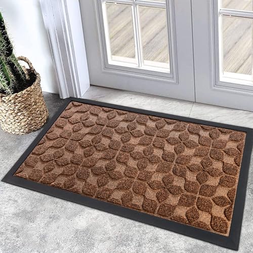 Bulijojo Sturdy Front Entrance Doormats,Durable Heavy Duty Welcome Mat,Thick Absorbent Natural Rubber Non Slip Mat,Easy Clean Entryway Mat 17"x30" Geometric Brown - Image 1
