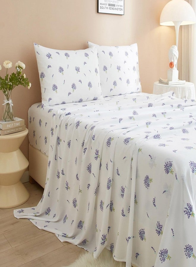 AMWAN Floral California King Size Sheets Set White 4 Piece，Extra Deep Pocket Sheets - Soft Flat Sheet - Cooling Bed Sheets Purple Floral Super Soft with Fitted Sheet,2 Pillowcases Set - Image 2