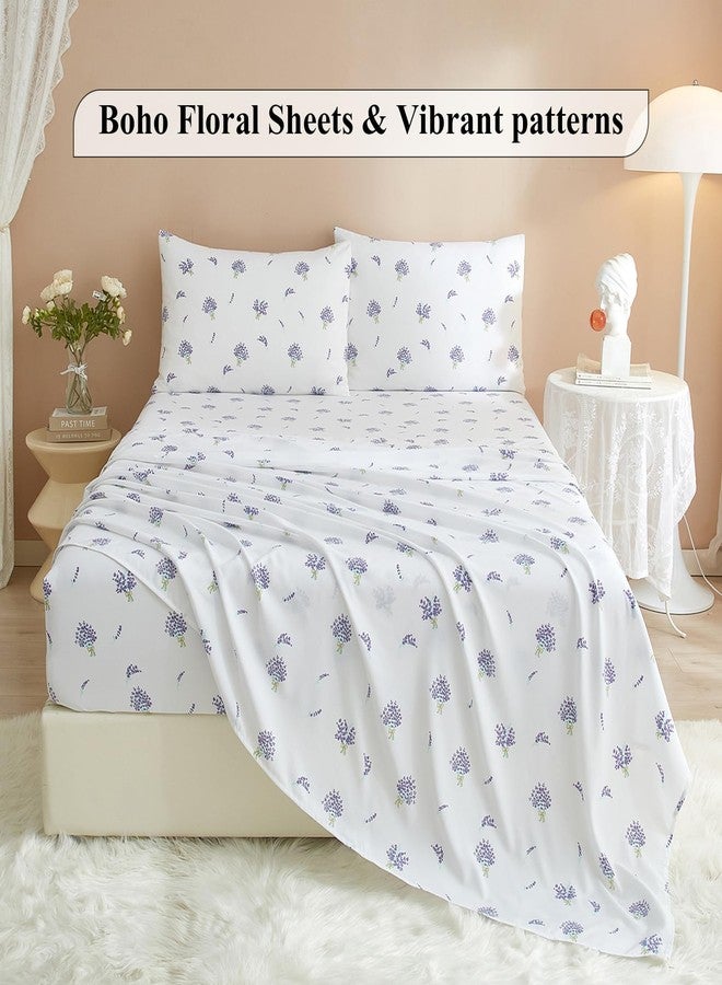 AMWAN Floral California King Size Sheets Set White 4 Piece，Extra Deep Pocket Sheets - Soft Flat Sheet - Cooling Bed Sheets Purple Floral Super Soft with Fitted Sheet,2 Pillowcases Set - Image 3