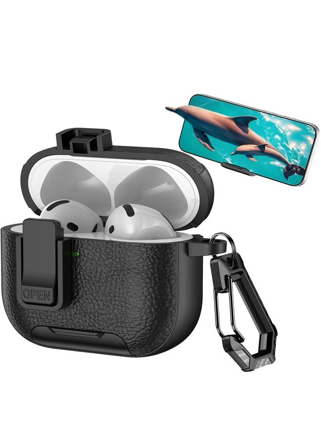 For Leather AirPods Pro 3 Case Cute Air Pods Pro 3 Case with Lock with Phone Holder & Keychain | Airpods 3 Pro Cases (Black) - Image 1
