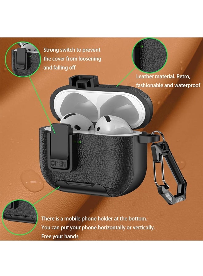 For Leather AirPods Pro 3 Case Cute Air Pods Pro 3 Case with Lock with Phone Holder & Keychain | Airpods 3 Pro Cases (Black) - Image 2