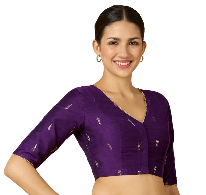 Studio Shringaar Women's Handloom Cotton Silk Readymade Saree Blouse (Purple, 40) - Image 4