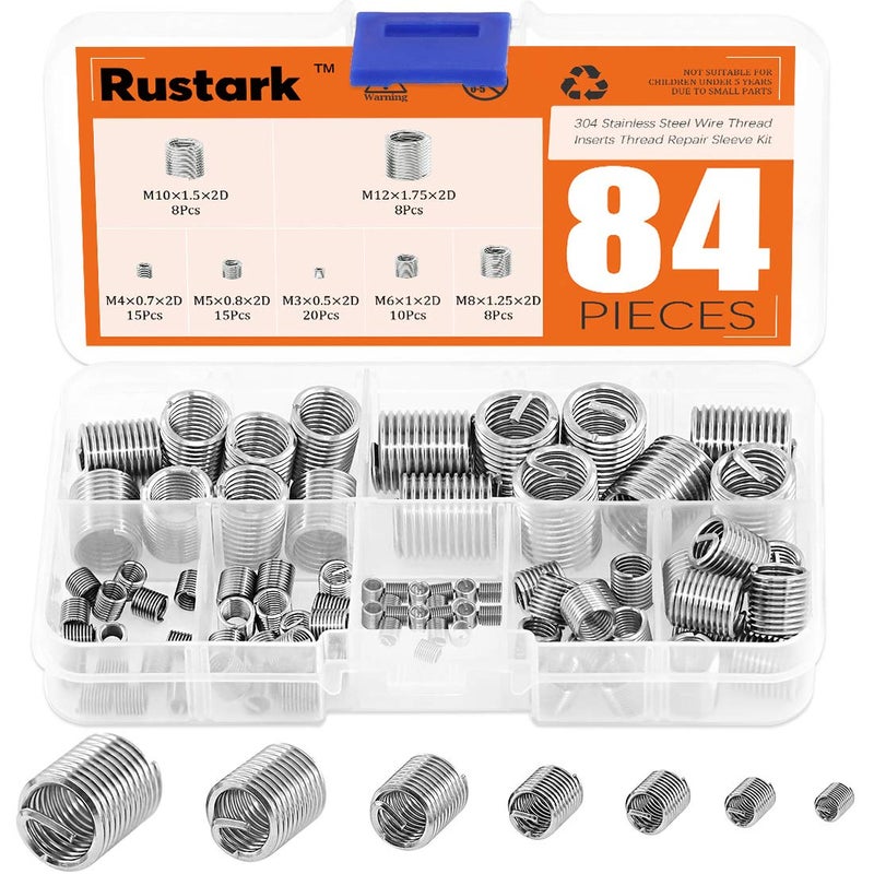 Rustark 84 Pcs 304 Stainless Steel Metric M3 M4 M5 M6 M8 M10 M12 Wire Thread Inserts Steel Sheath Helicoil Type Screw Repair Sleeve Assortment Kit - Image 1