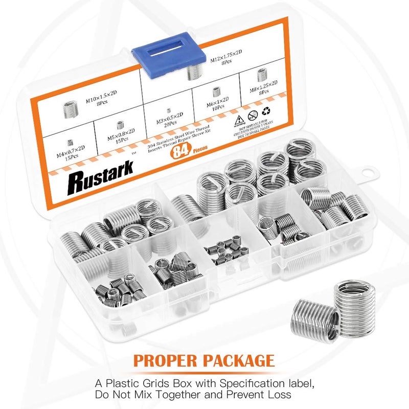Rustark 84 Pcs 304 Stainless Steel Metric M3 M4 M5 M6 M8 M10 M12 Wire Thread Inserts Steel Sheath Helicoil Type Screw Repair Sleeve Assortment Kit - Image 4