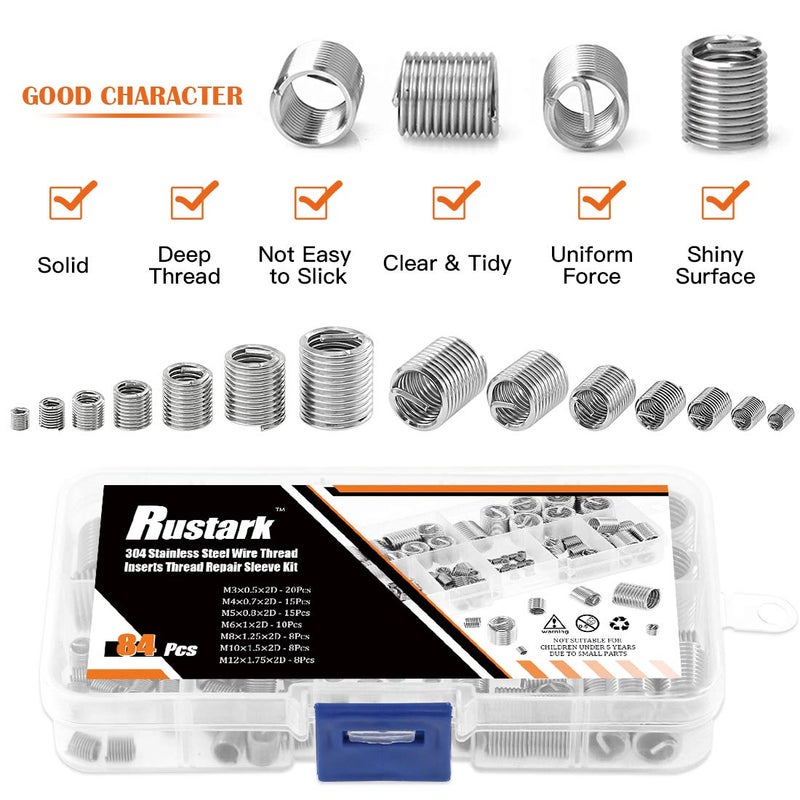 Rustark 84 Pcs 304 Stainless Steel Metric M3 M4 M5 M6 M8 M10 M12 Wire Thread Inserts Steel Sheath Helicoil Type Screw Repair Sleeve Assortment Kit - Image 5