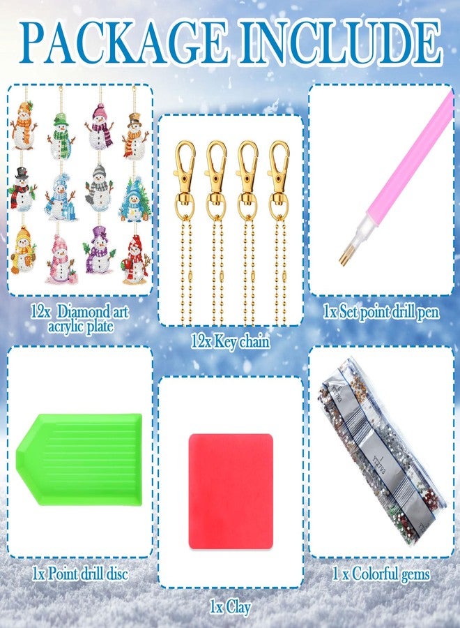 Ferraycle 12 Pcs Diamond Art Christmas Ornaments Snowman Diamond Painting Kit 5d DIY Art Keychains Winter Hanging Ornaments for Kids Winter Home Crafts Decorations(Multicolor) - Image 5