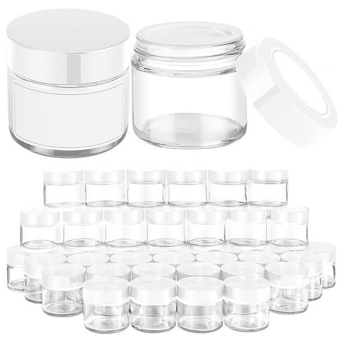 2 OZ GLASS JARS WITH LIDS 48 PACK CLEAR ROUND SMALL CONTAINERS WITH WHITE LIDS BLANK LABELS INNER LINERS EMPTY COSMETIC CONTAINERS FOR SAMPLE POWDER CREAM LOTION
