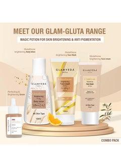 Glamveda Glutathione Skin Perfecting Brightening & Dark Spots Removal 4 Steps Skincare Routine ( Face Wash + Face Cream + Face Serum + Body Lotion )  - Image 1