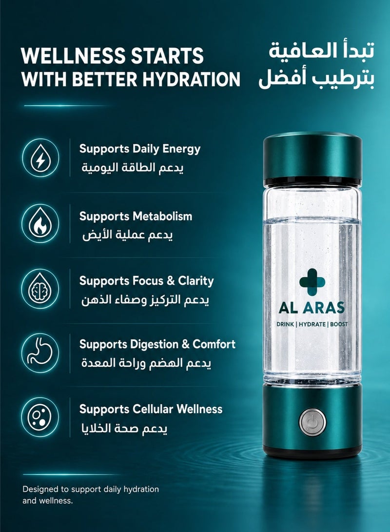 AL ARAS Hydrogen Water Generator Bottle, SPE PEM Technology, 420 ml, USB C Rechargeable, Ideal for Daily Hydration at Home, Gym, Travel, Cars, Bags and Gifts - Image 5