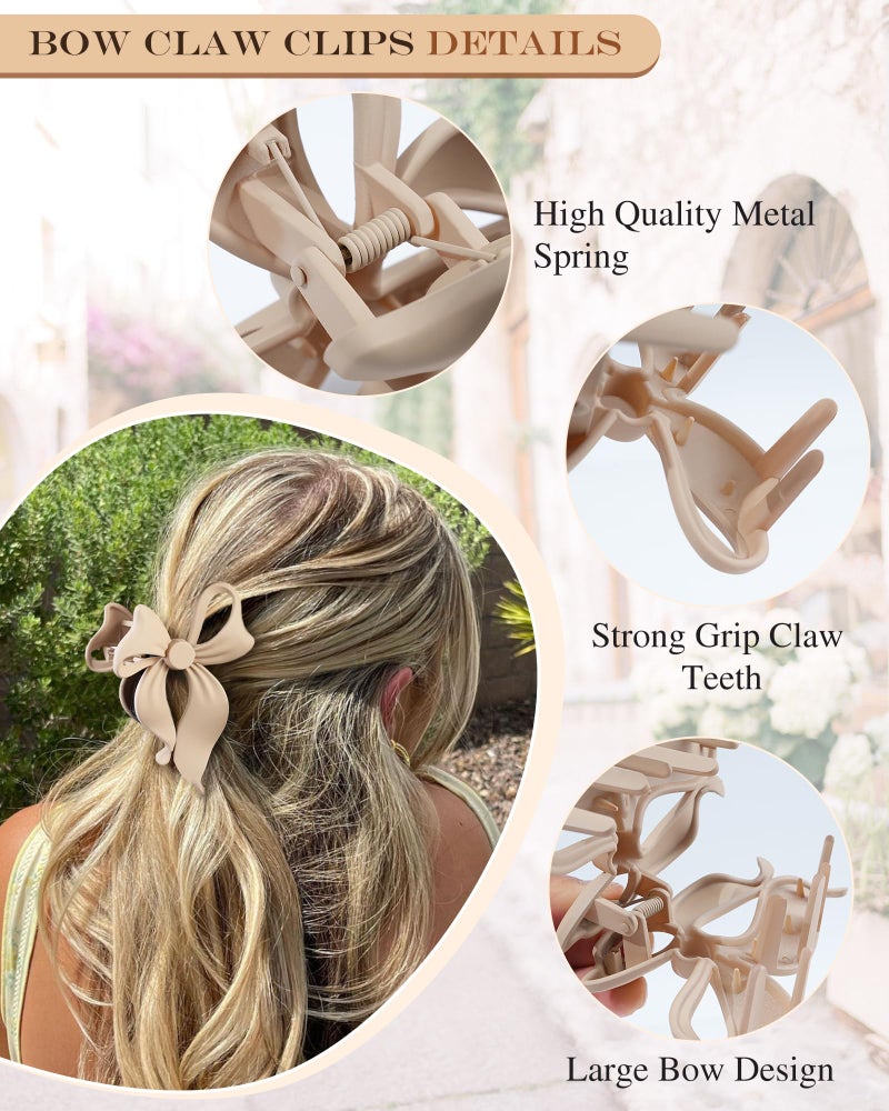 Lourny 4 PCS Bow Hair Clips Bow Claw Clip for Women, Large Hair Claw Clips for Thin Thick Long Hair Cute Nonslip Bows (Black+Grey+Dark Brown+Light Brown) - Image 3