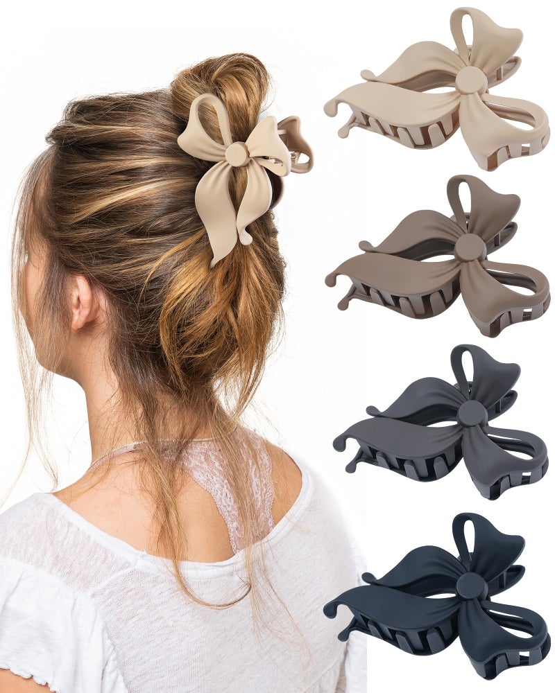 Lourny 4 PCS Bow Hair Clips Bow Claw Clip for Women, Large Hair Claw Clips for Thin Thick Long Hair Cute Nonslip Bows (Black+Grey+Dark Brown+Light Brown) - Image 1