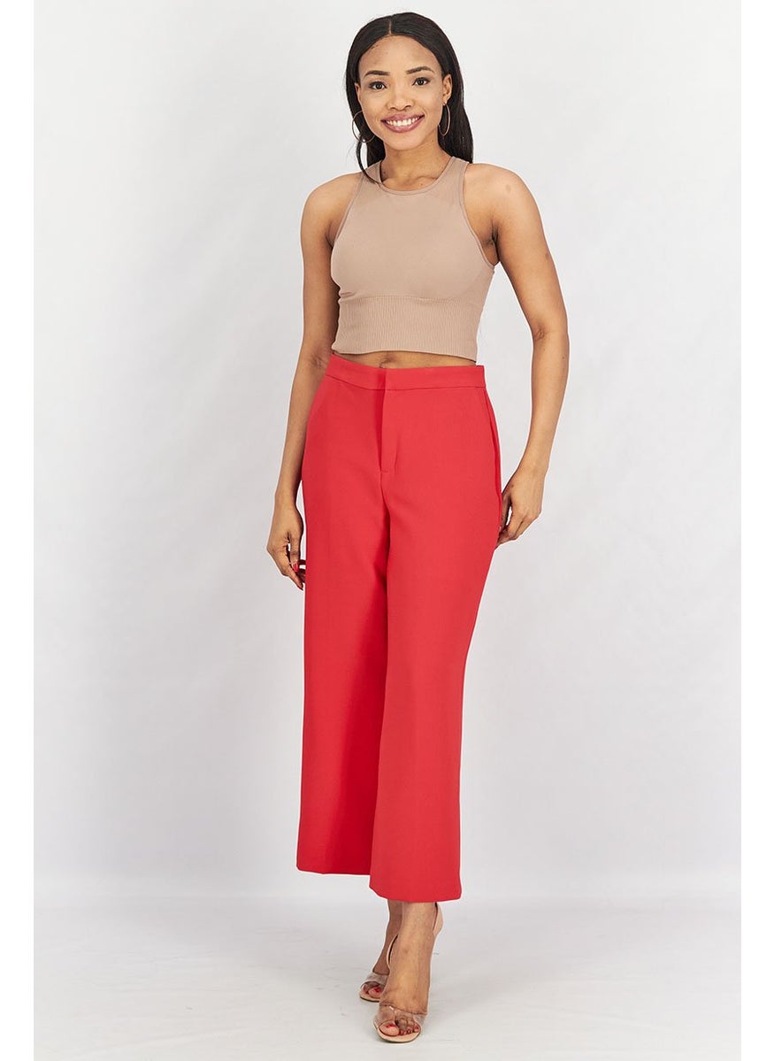 Tchibo Women Regular Fit Solid Wide Leg Woven Pants, Red  - Image 4