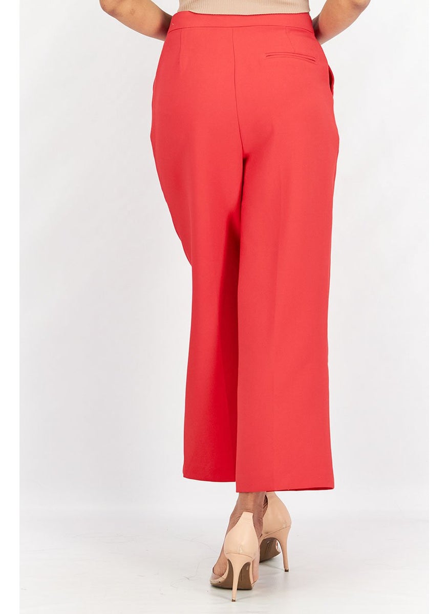 Tchibo Women Regular Fit Solid Wide Leg Woven Pants, Red  - Image 3