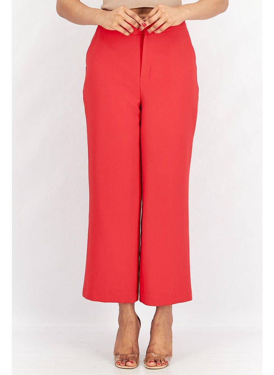Tchibo Women Regular Fit Solid Wide Leg Woven Pants, Red  - Image 1