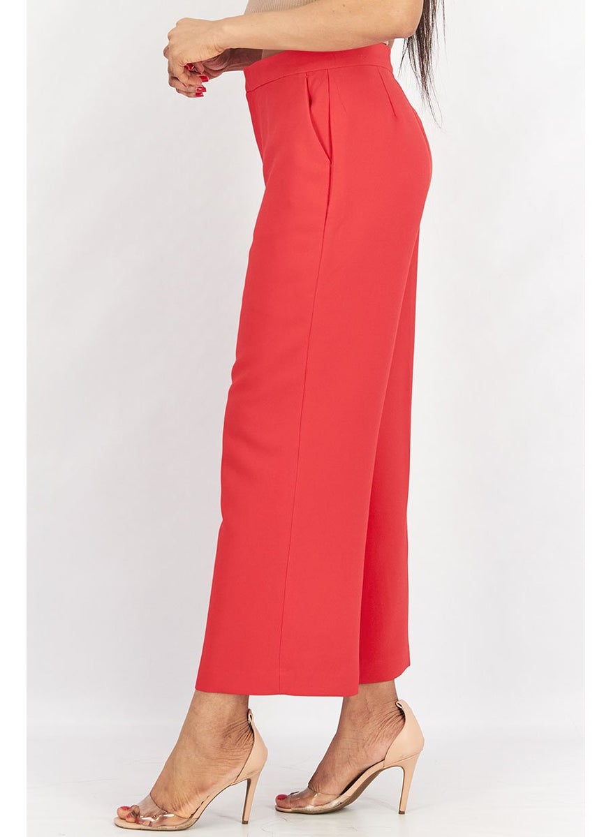 Tchibo Women Regular Fit Solid Wide Leg Woven Pants, Red  - Image 2