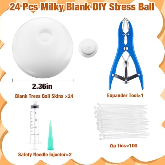 Simgoing 24 Pcs DIY Stress Ball Making Kit, Blank Stress Pressure Ball Skin Kit with Vacuum Evacuating Device & Expander Tool Make Your Own Fidget Pressure Balls for Adults (Milky) - Image 2
