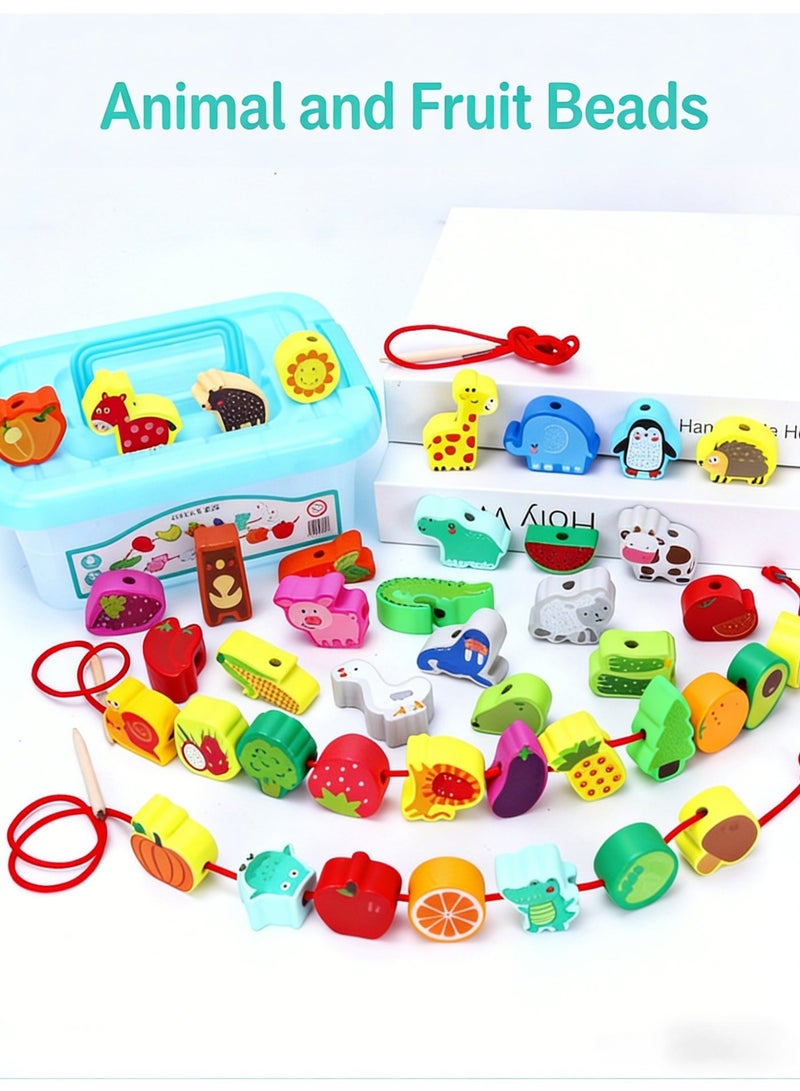 Y&D Children's Wooden Puzzle String Beaded Toy Set - Animal & Fruit Themed Montessori Toy for Toddlers 1-6 Years | Fine Motor Skills & Cognitive Development - Image 2