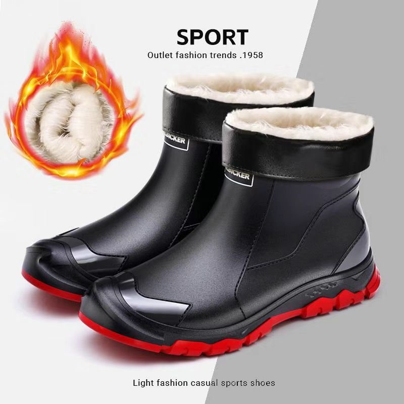Wear-Resistant Kitchen Fishing Rain Boots, Fashionable Men'S Short-Tube Waterproof Rain Boots For Men And Women, Non-Slip Construction Site Work Rubber Shoes, Warm - Image 1