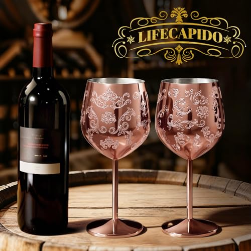 Lifecapido Stainless Steel Wine Glasses Set of 2, 18oz Etched Rose Gold Wine Goblets, Unique Wine Glasses with Intricate Baroque Engravings for Party Wedding Anniversary - Image 2