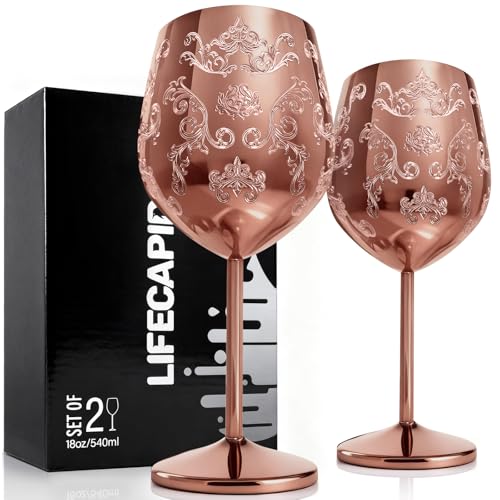 Lifecapido Stainless Steel Wine Glasses Set of 2, 18oz Etched Rose Gold Wine Goblets, Unique Wine Glasses with Intricate Baroque Engravings for Party Wedding Anniversary - Image 1