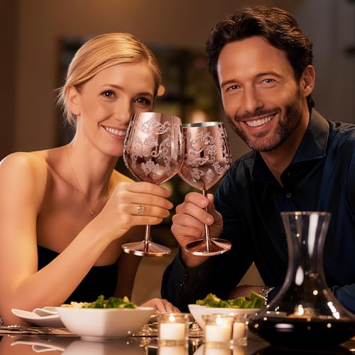 Lifecapido Stainless Steel Wine Glasses Set of 2, 18oz Etched Rose Gold Wine Goblets, Unique Wine Glasses with Intricate Baroque Engravings for Party Wedding Anniversary - Image 4
