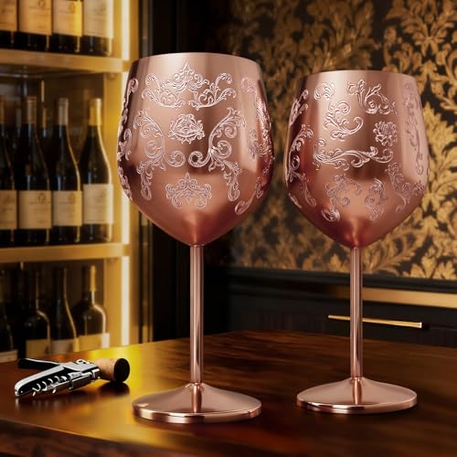 Lifecapido Stainless Steel Wine Glasses Set of 2, 18oz Etched Rose Gold Wine Goblets, Unique Wine Glasses with Intricate Baroque Engravings for Party Wedding Anniversary - Image 5