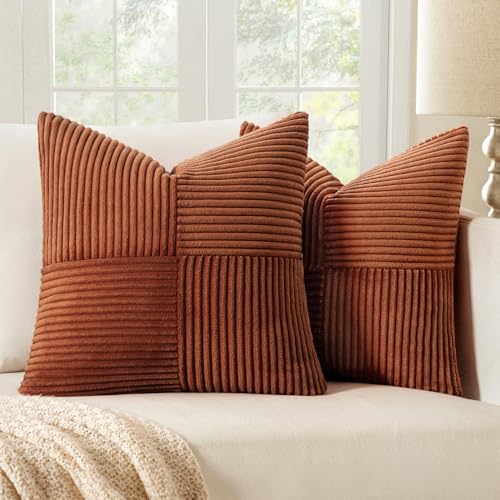 MIULEE Dark Rust Boho Pillow Covers Pack of 2 Decorative Throw Pillows Soft Solid Couch Pillowcases Cross Patchwork Textured Terracotta Cushion Covers Home Decor for Living Room Bed Sofa 18x18 inch - Image 1