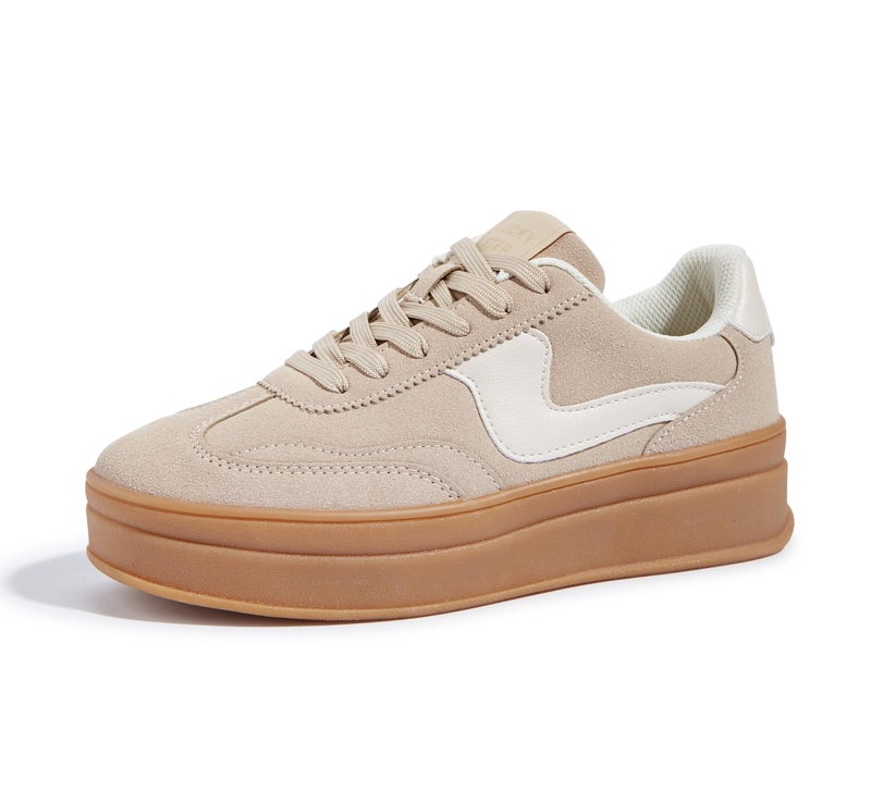 LUCKY STEP Women's Platform Fashion Sneakers Thick Sole Suede Faux Leather Classic Rubber Gum Sole Low Top Casual Walking Shoes(Beige,6 B(M) US) - Image 1