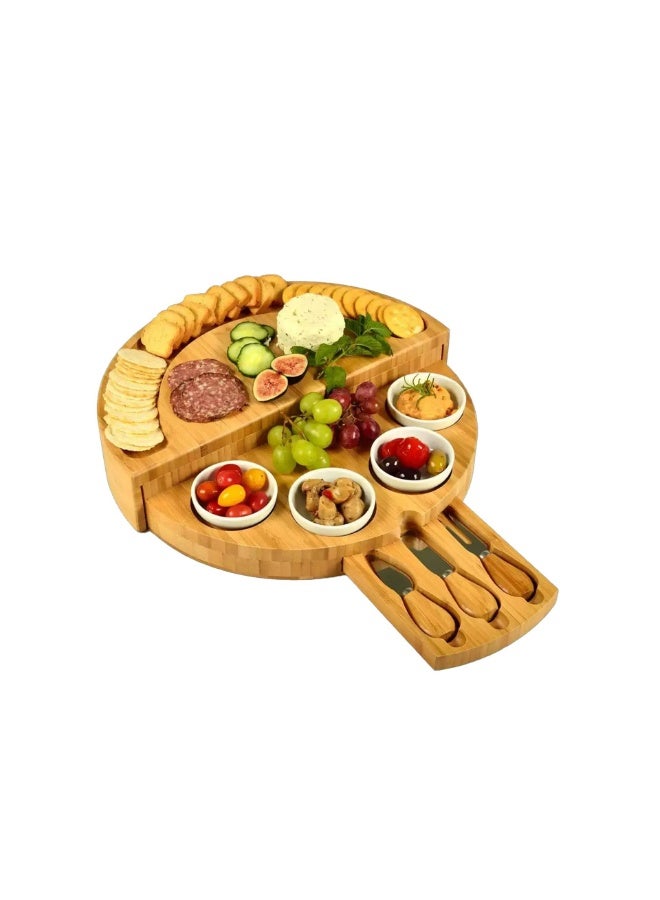 POWER Bamboo Round Serving Tray with Compartments and Cheese Knives – Multi-Layer Rotating Platter for Snacks, Fruits, Crackers & Appetizers - Image 1
