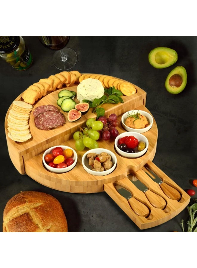 POWER Bamboo Round Serving Tray with Compartments and Cheese Knives – Multi-Layer Rotating Platter for Snacks, Fruits, Crackers & Appetizers - Image 2