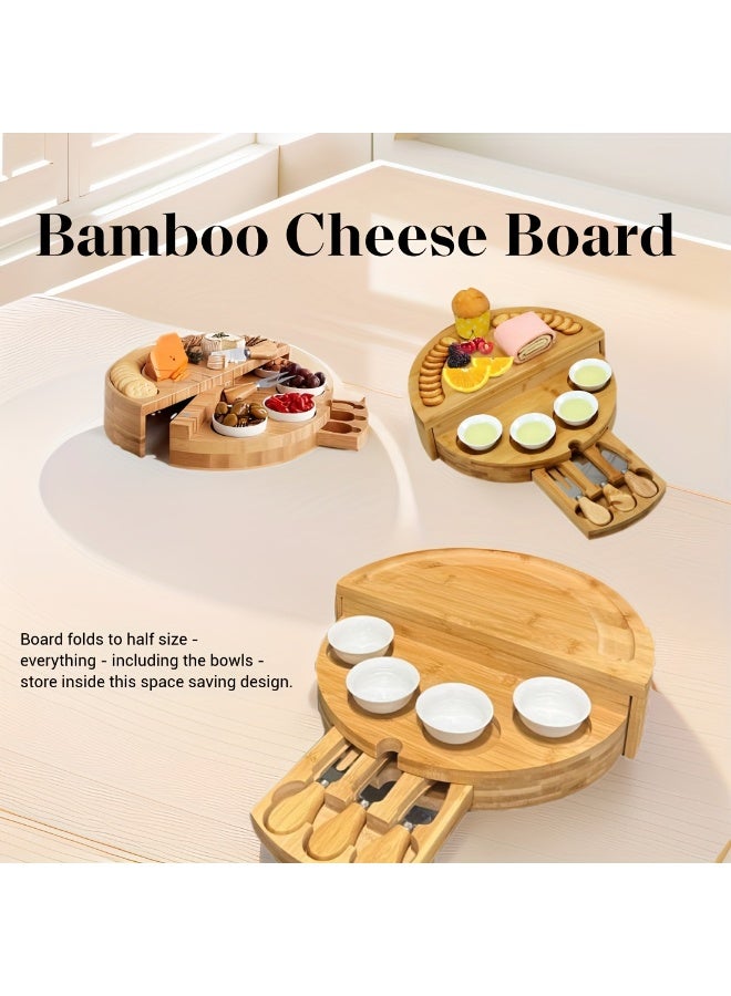 POWER Bamboo Round Serving Tray with Compartments and Cheese Knives – Multi-Layer Rotating Platter for Snacks, Fruits, Crackers & Appetizers - Image 3