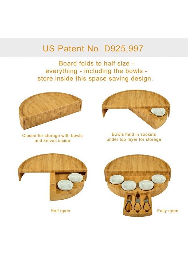 POWER Bamboo Round Serving Tray with Compartments and Cheese Knives – Multi-Layer Rotating Platter for Snacks, Fruits, Crackers & Appetizers - Image 4