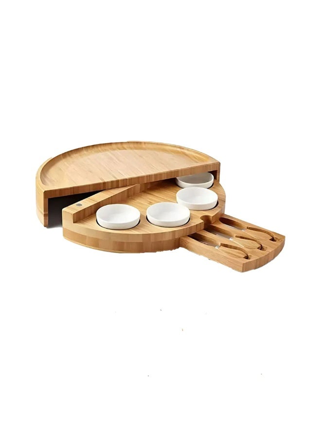 POWER Bamboo Round Serving Tray with Compartments and Cheese Knives – Multi-Layer Rotating Platter for Snacks, Fruits, Crackers & Appetizers - Image 5